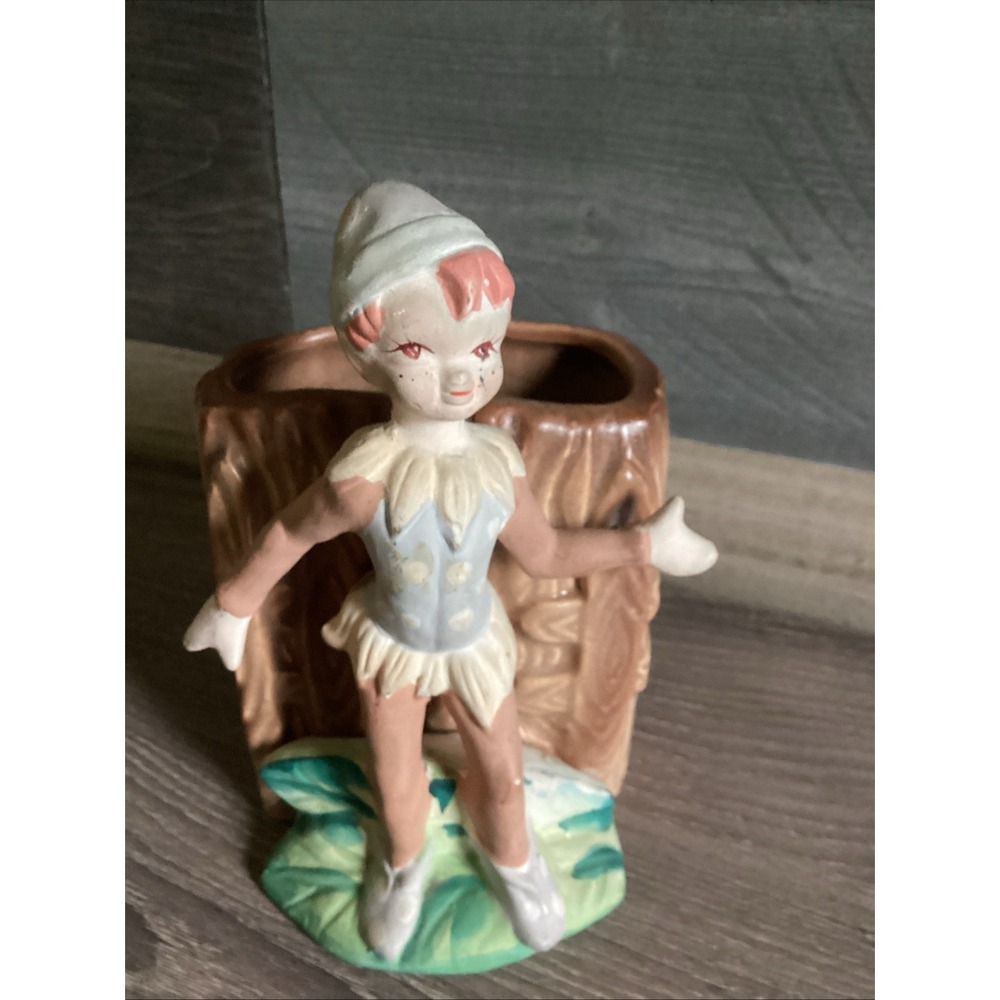 Vtg Mid Century Ceramic Pixie Elf Log Bud Vase Planter No Markings Retro